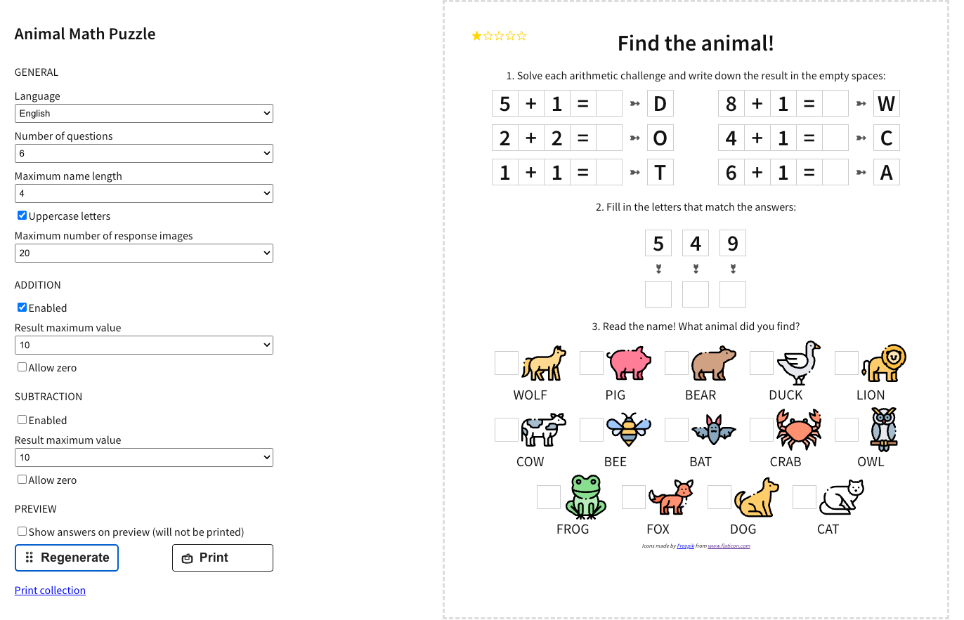 Screenshot of the math puzzle online generator